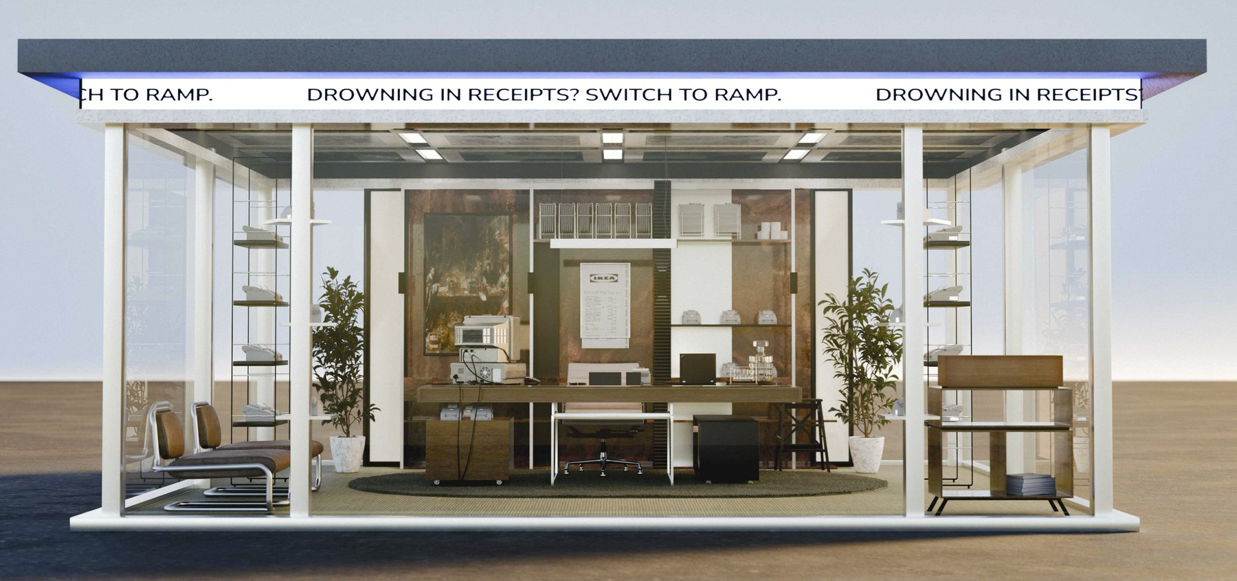 3D mockup of the glass-walled office for the Brian Box stunt