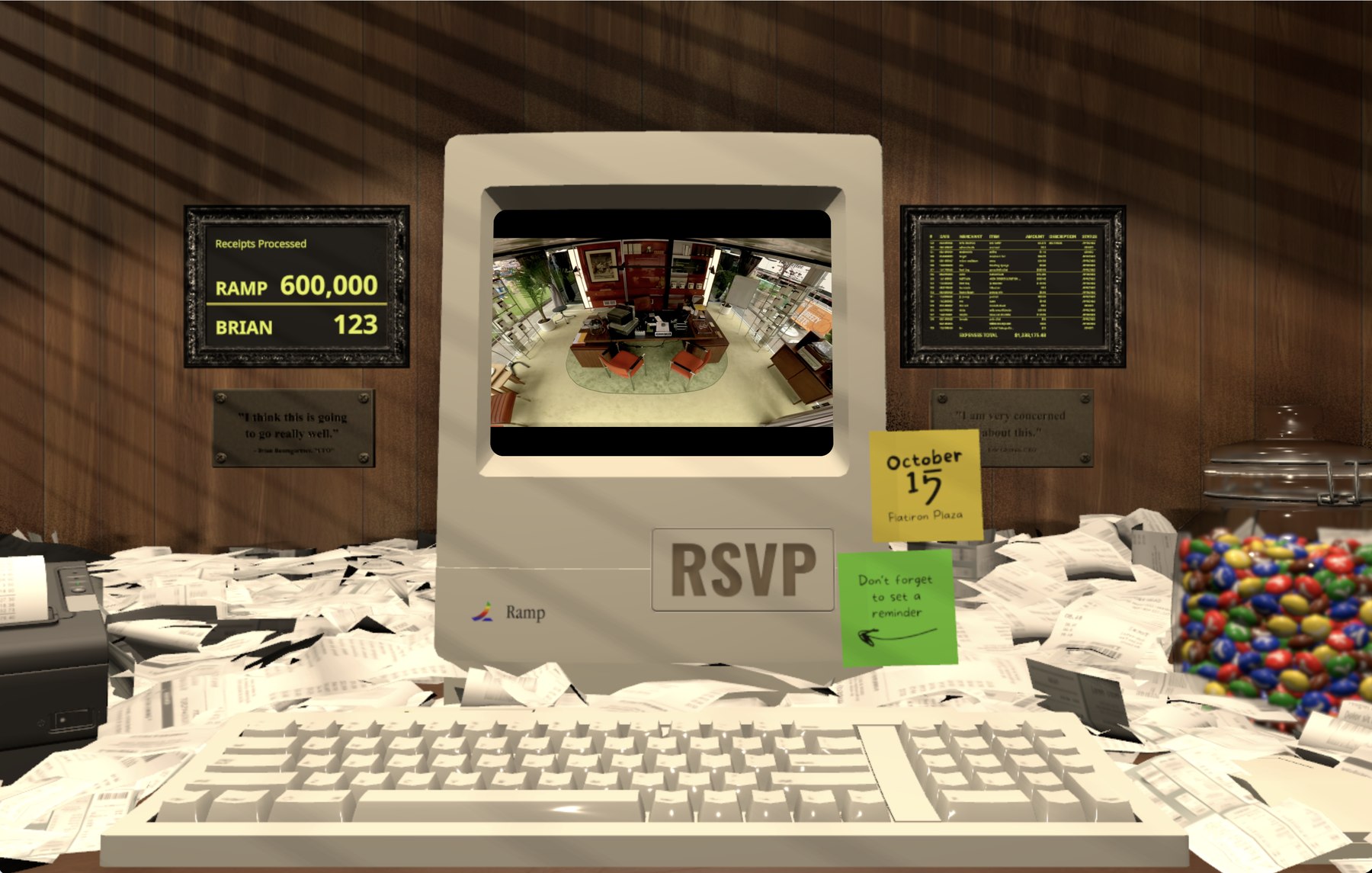 briansoffice.com — the live stunt site, with a Ramp-themed retro computer counting receipts processed