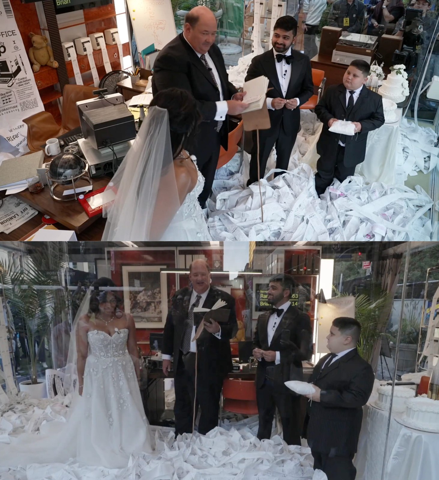 A couple getting married inside the Brian Box, surrounded by receipts