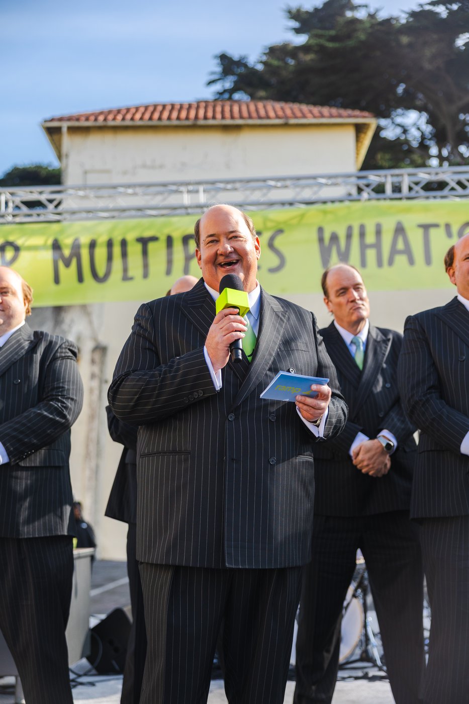 Brian Baumgartner on the mic at the tailgate